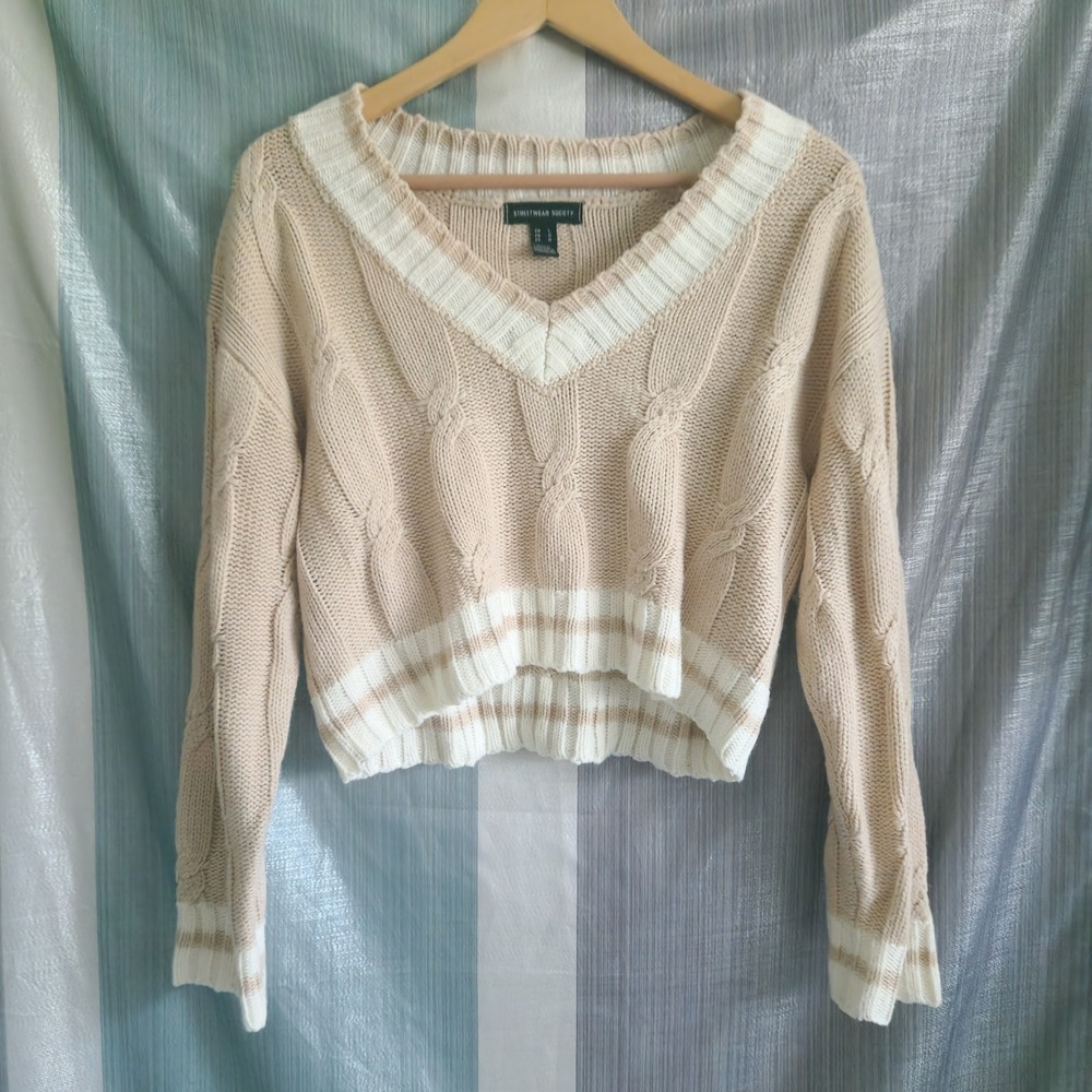 Streetwear Society Cable Knit Cropped V-Neck Sweater Light Academia L Preppy